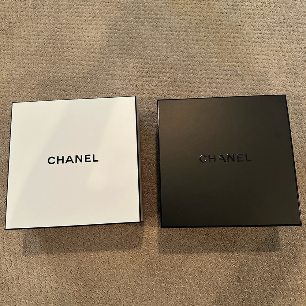 Chanel white with black letters beauty box (right side of first photo)
